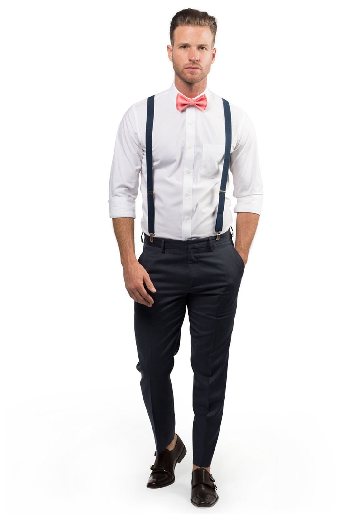 Navy Suspenders & Coral Bow Tie