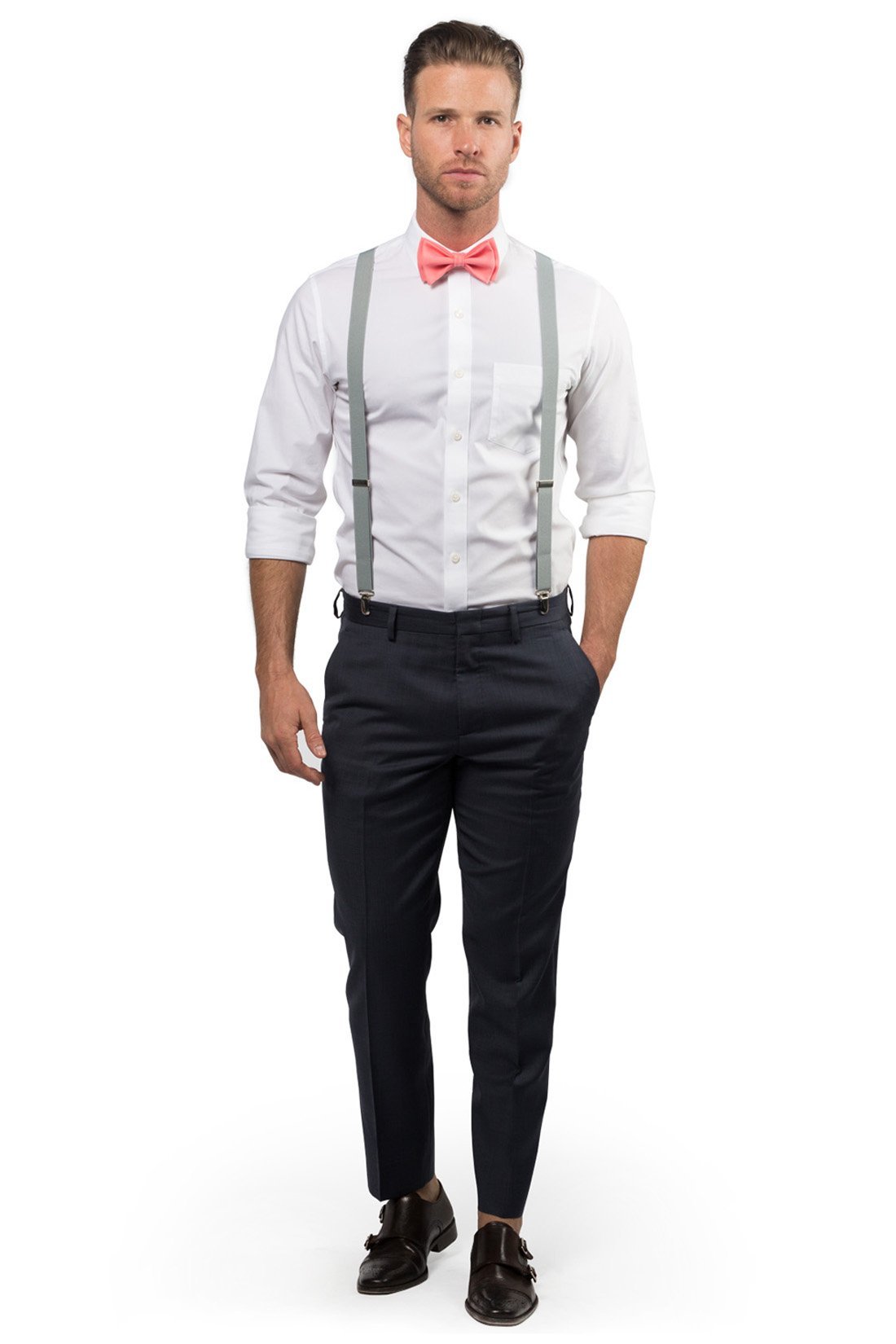 Light Gray Suspenders & Coral Bow Tie