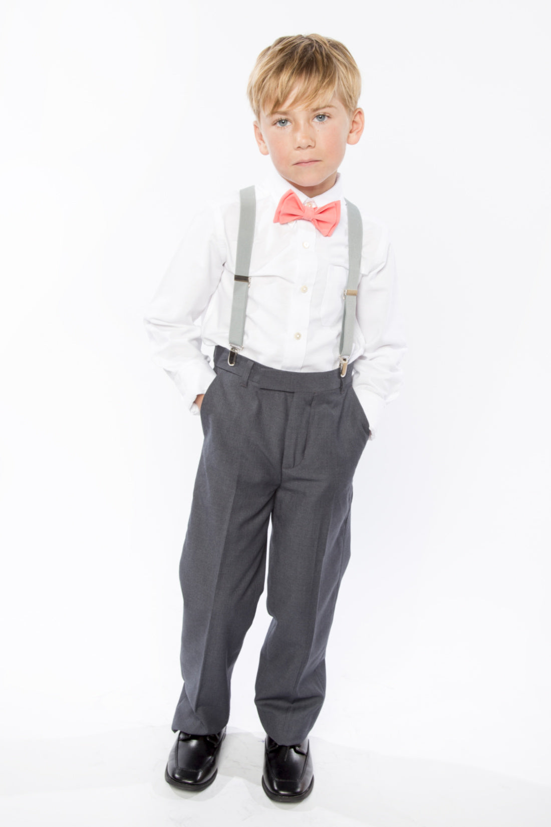Light Grey Suspenders & Coral Bow Tie for Kids