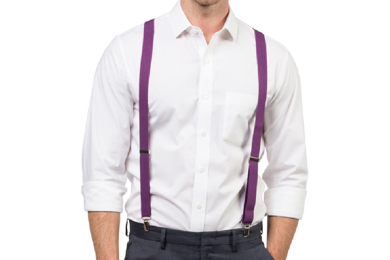 Man wearing eggplant purple suspenders