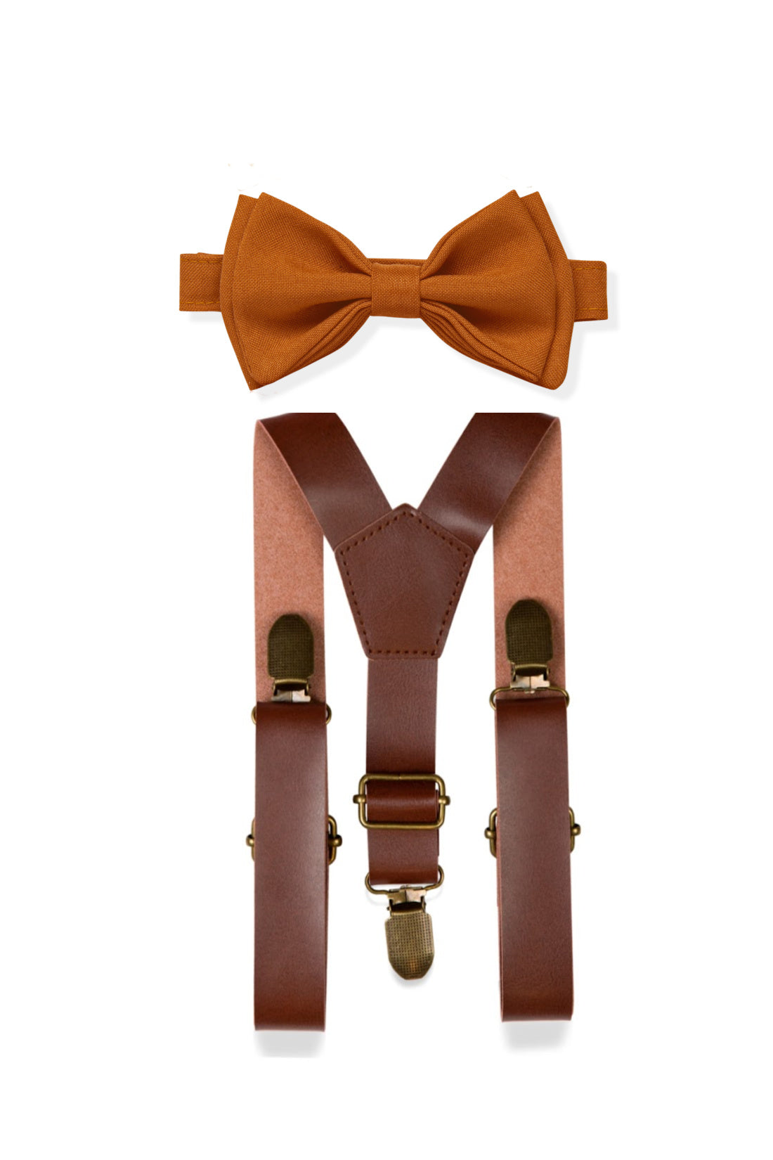 Brown leather suspenders &amp; copper bow tie