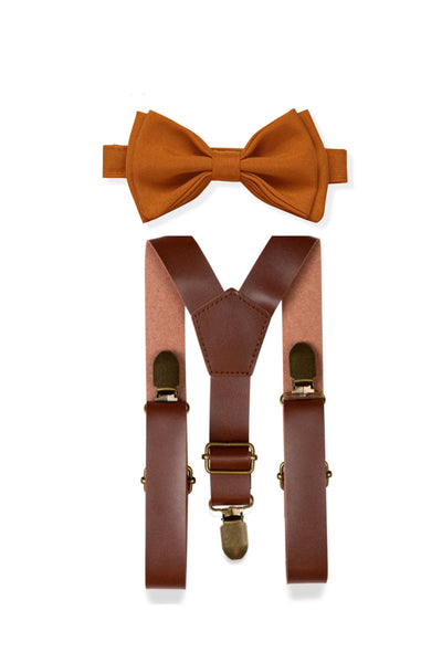 Brown leather suspenders & copper bow tie