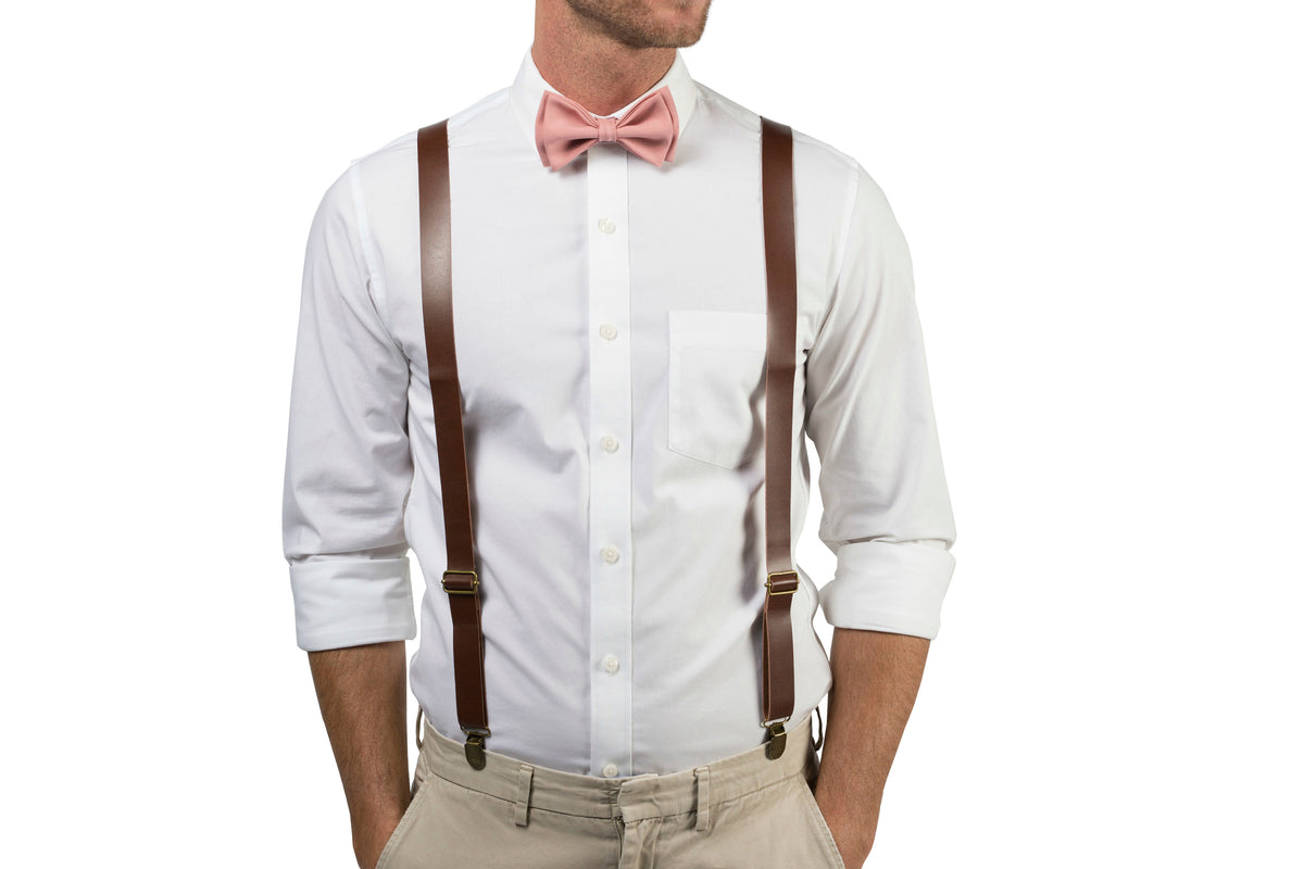 Brown Leather Suspenders &amp; Dusty Rose Bow Tie