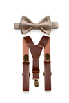 Brown faux leather suspenders & beige bow tie