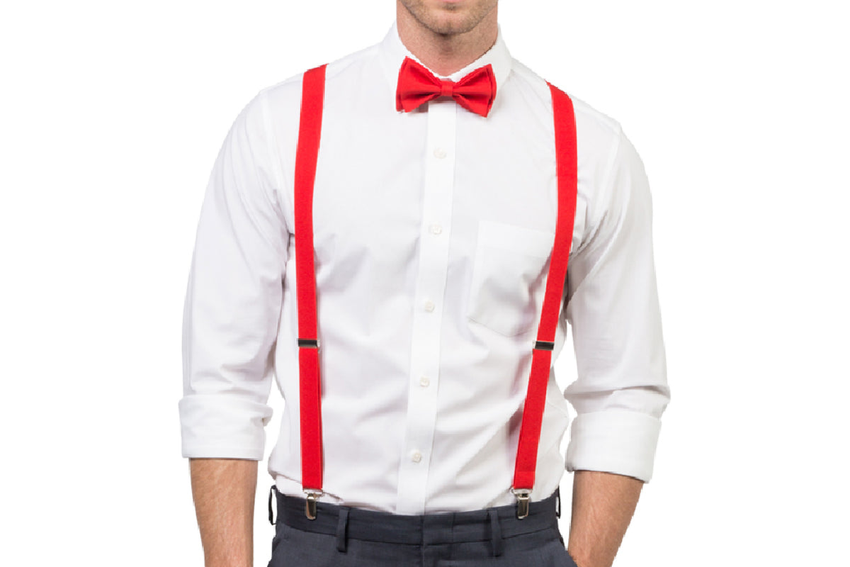 Man wearing red suspenders & red bow tie