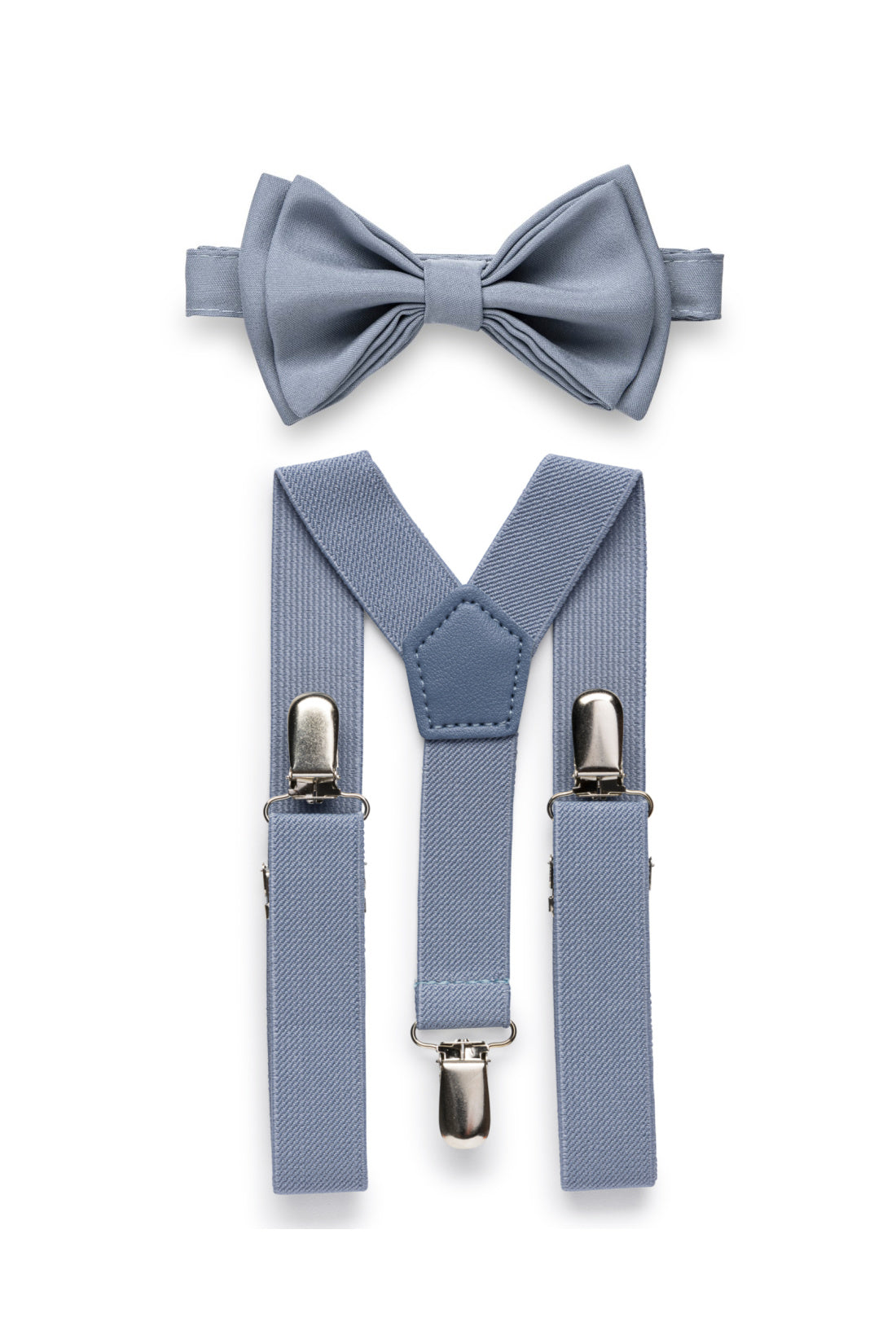 Dusty blue bow tie and dusty blue suspenders