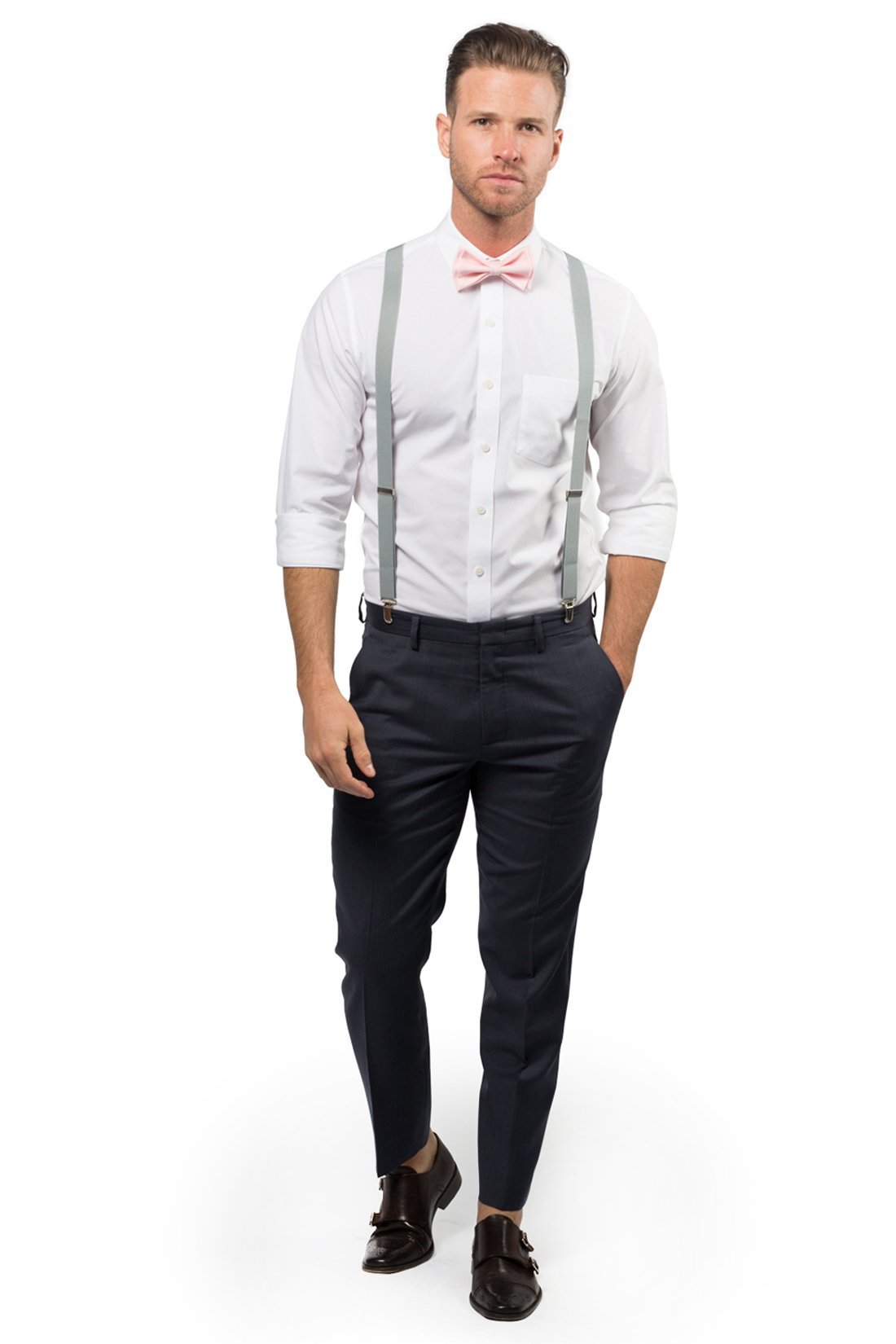 Light Gray Suspenders & Blush Bow Tie