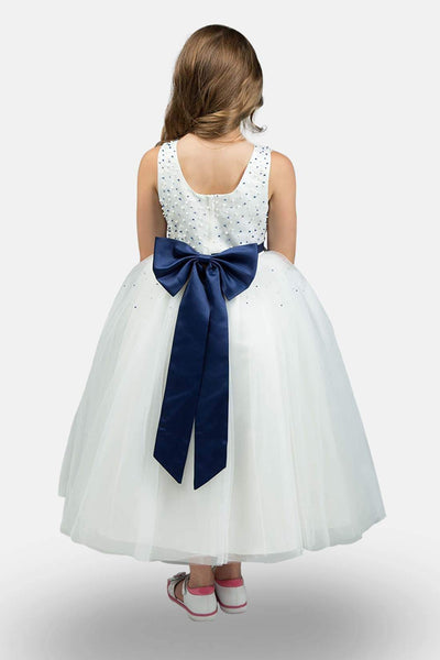 White & Navy Flower Girl Dress