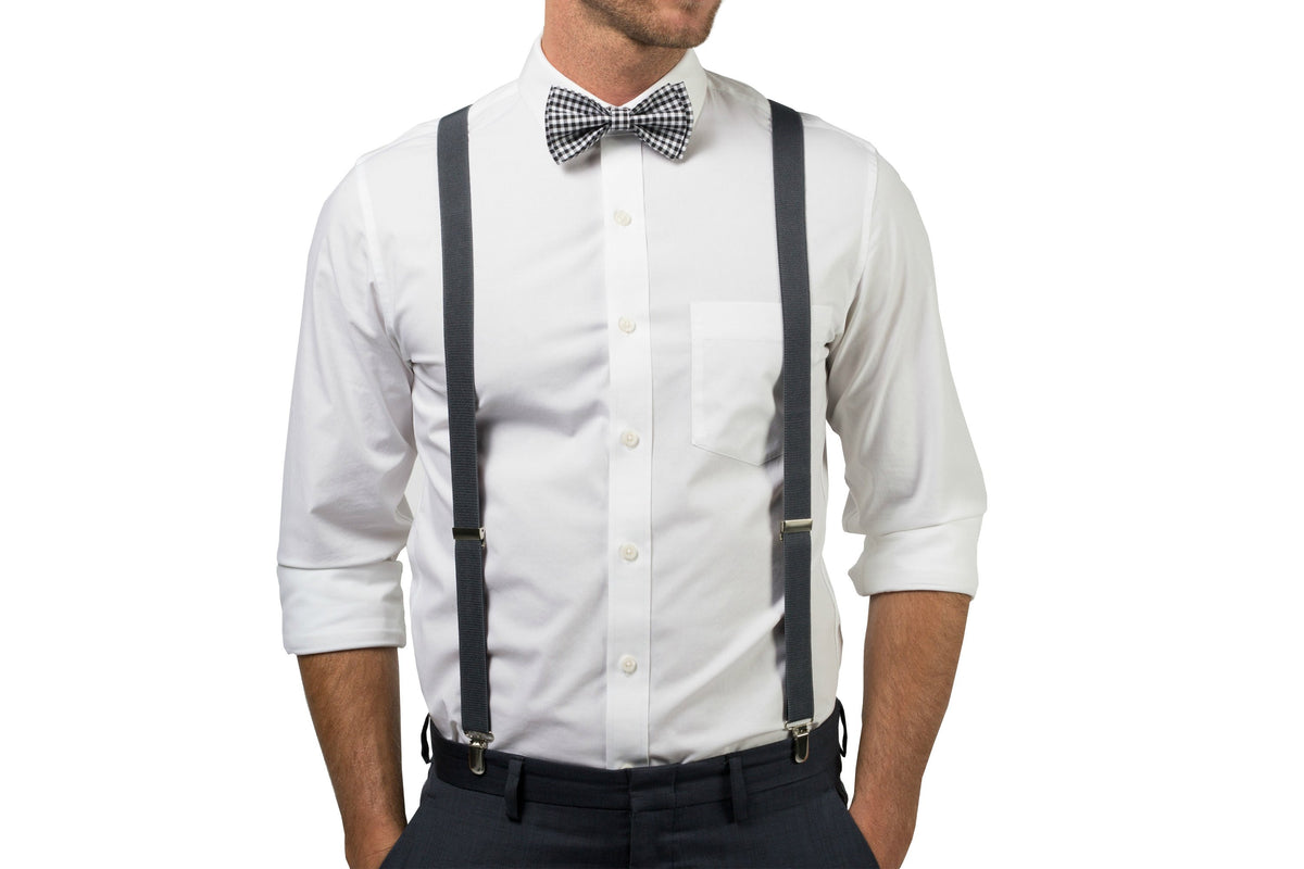 Charcoal Suspenders & Gingham Black Bow Tie