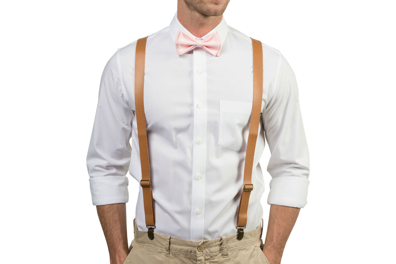 Tan Leather Suspenders & Blush Bow Tie
