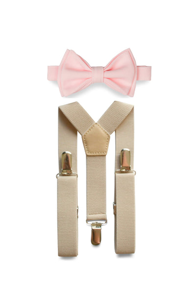 Beige Suspenders & Light Pink Bow Tie for Kids