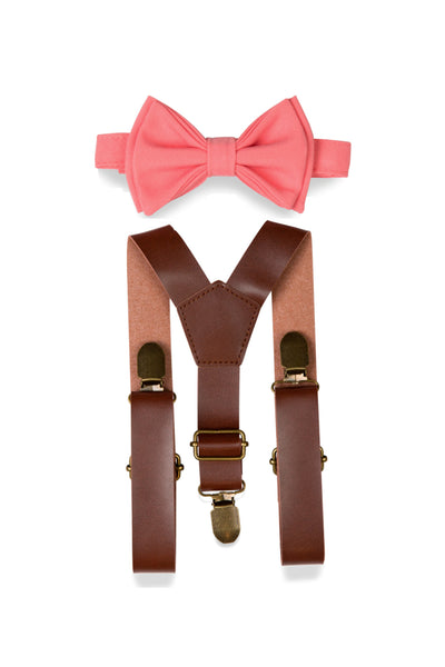 Brown Leather Suspenders & Coral Bow Tie for Kids