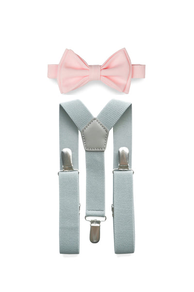 Light Grey Suspenders & Light Pink Bow Tie for Kids