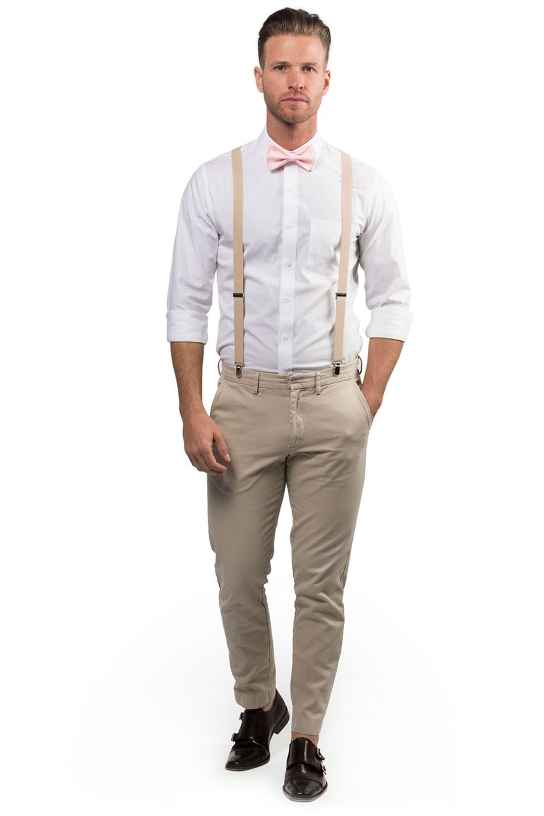 Beige Suspenders &amp; Light Pink Bow Tie