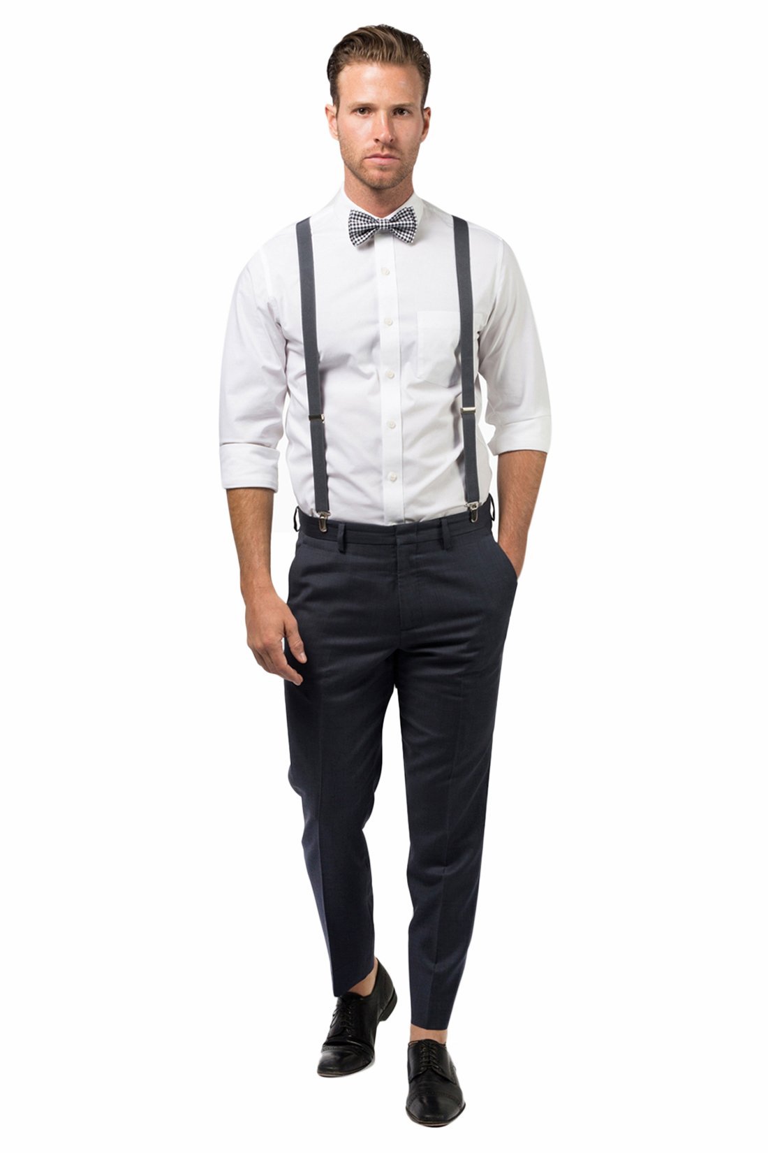 Charcoal Suspenders & Gingham Black Bow Tie