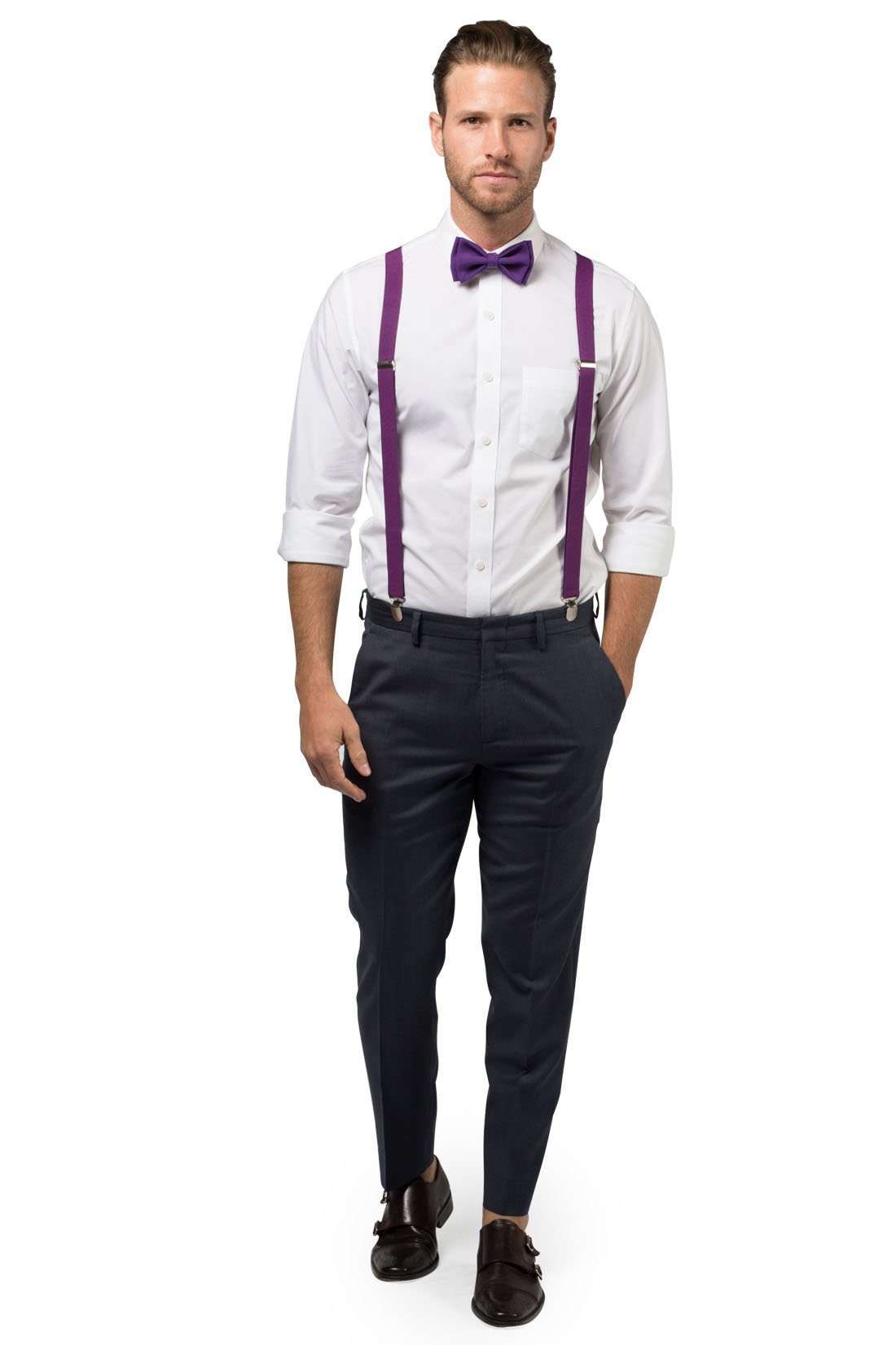 Eggplant Purple Suspenders &amp; Dark Purple Bow Tie