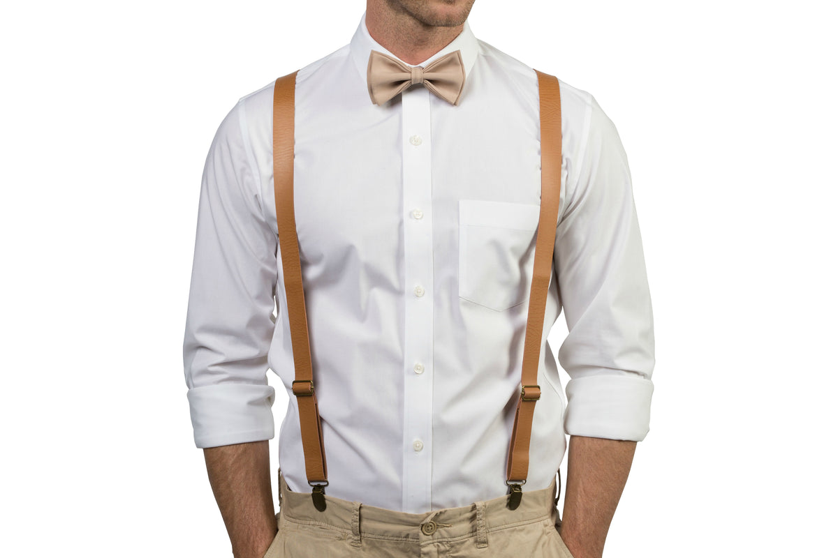 Tan Leather Suspenders &amp; Beige Bow Tie