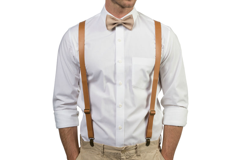 Tan Leather Suspenders & Beige Bow Tie