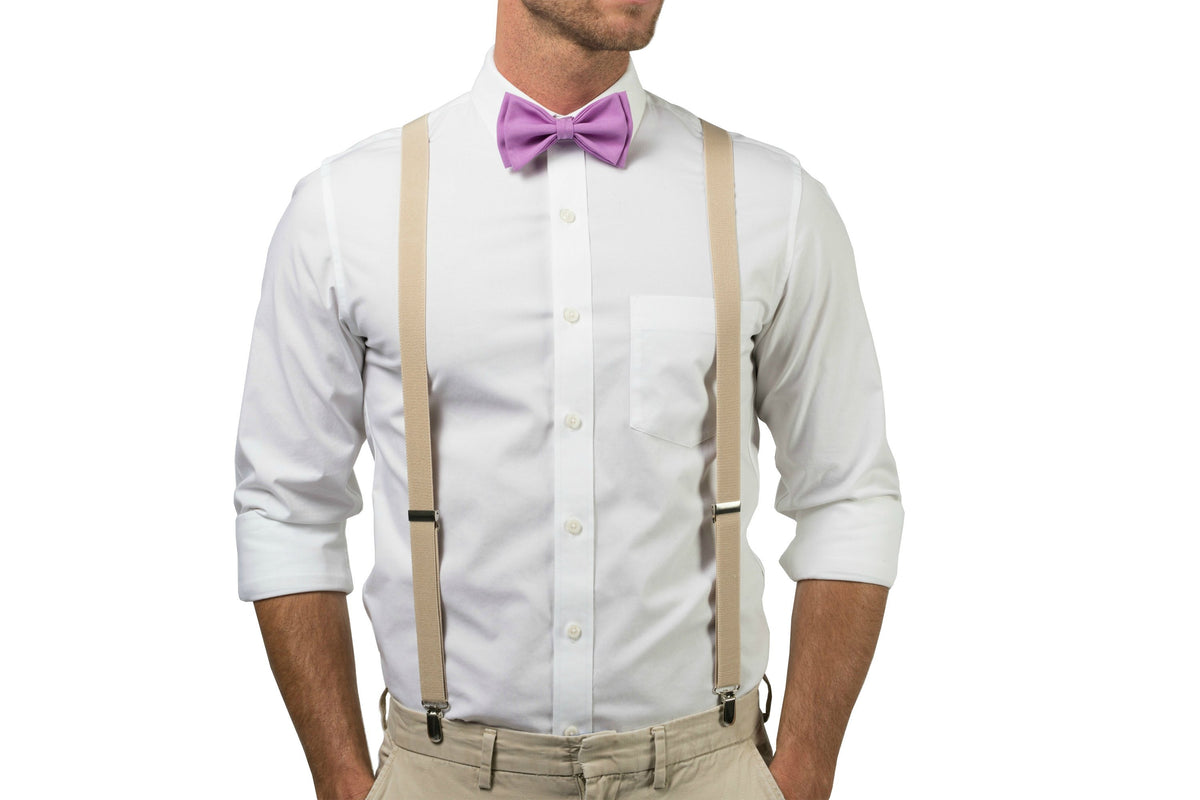 Beige Suspenders &amp; Lilac Bow Tie