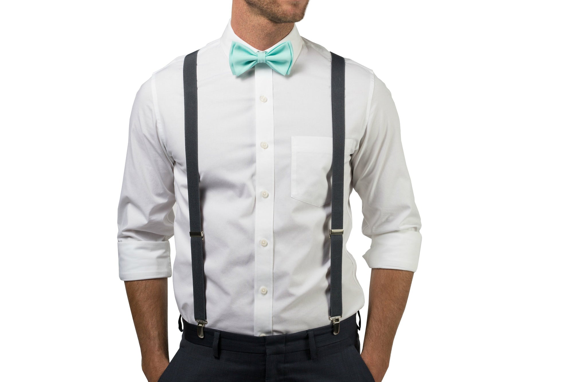 Charcoal Suspenders & Aqua Bow Tie