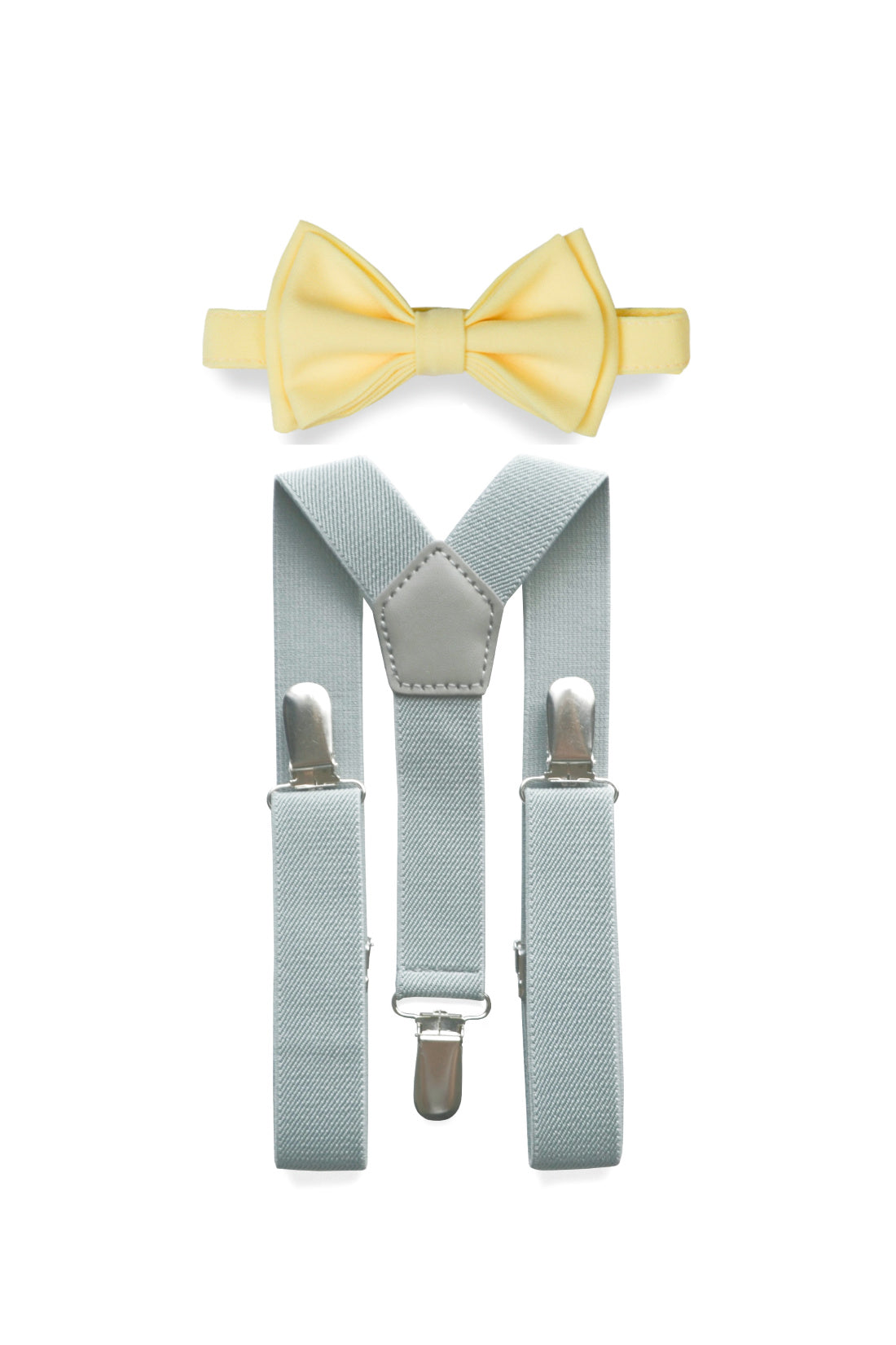 Light Grey Suspenders & Yellow Bow Tie for Kids