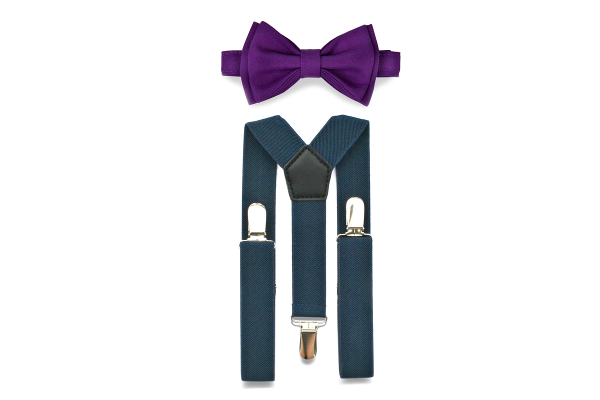 Navy Suspenders &amp; Dark Purple Bow Tie for Kids