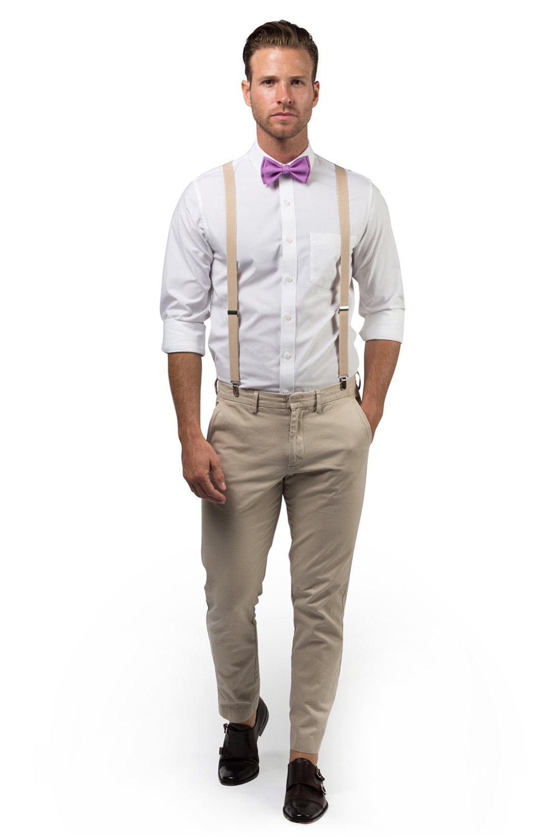 Beige Suspenders &amp; Lilac Bow Tie