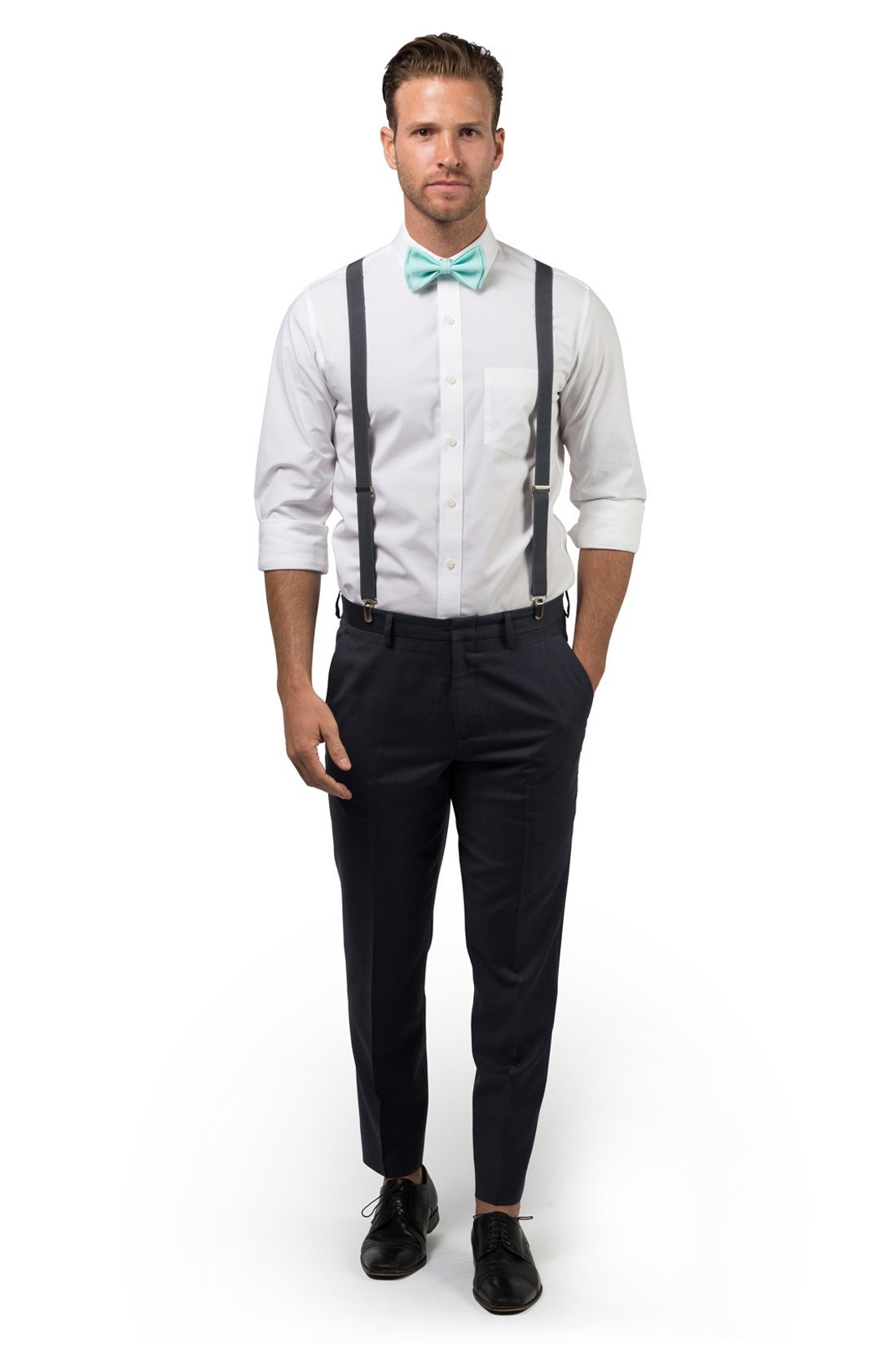 Charcoal Suspenders &amp; Aqua Bow Tie
