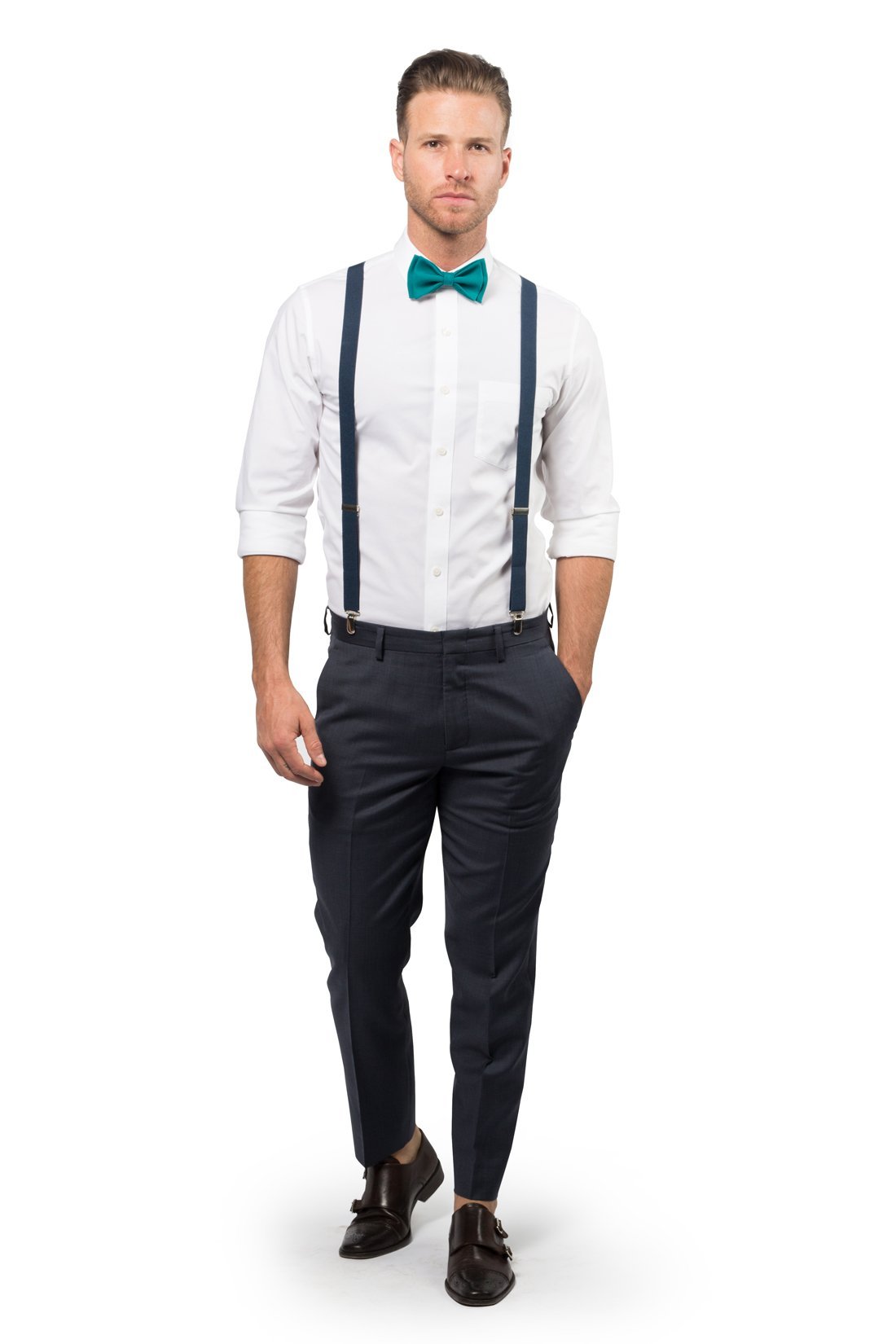 Navy Suspenders & Teal Bow Tie for Baby Toddler Boy Men