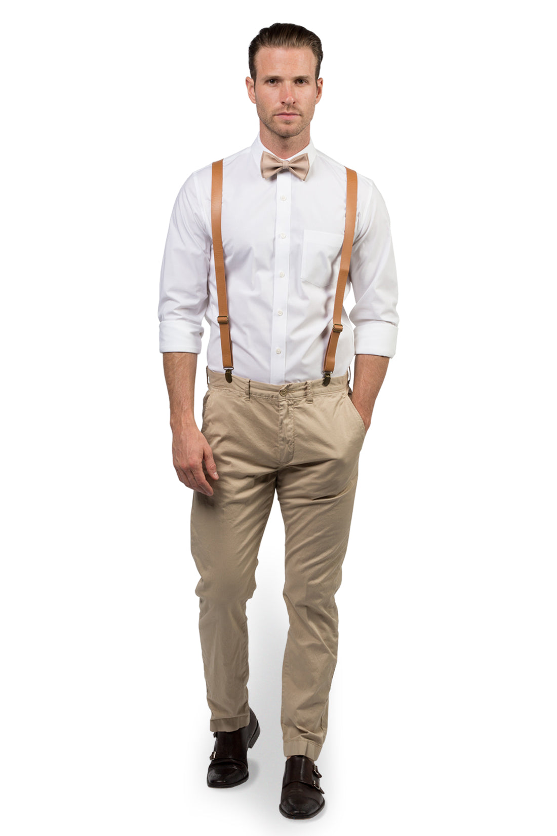 Tan Leather Suspenders & Beige Bow Tie