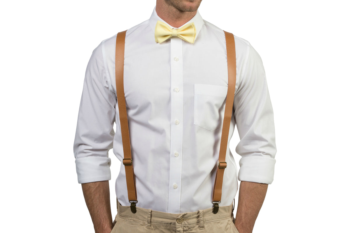 Tan Leather Suspenders &amp; Yellow Bow Tie