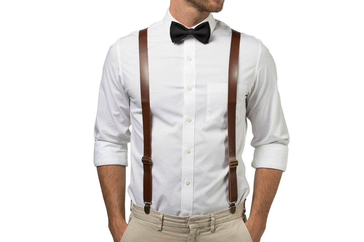 Brown Leather Suspenders &amp; Black Bow Tie