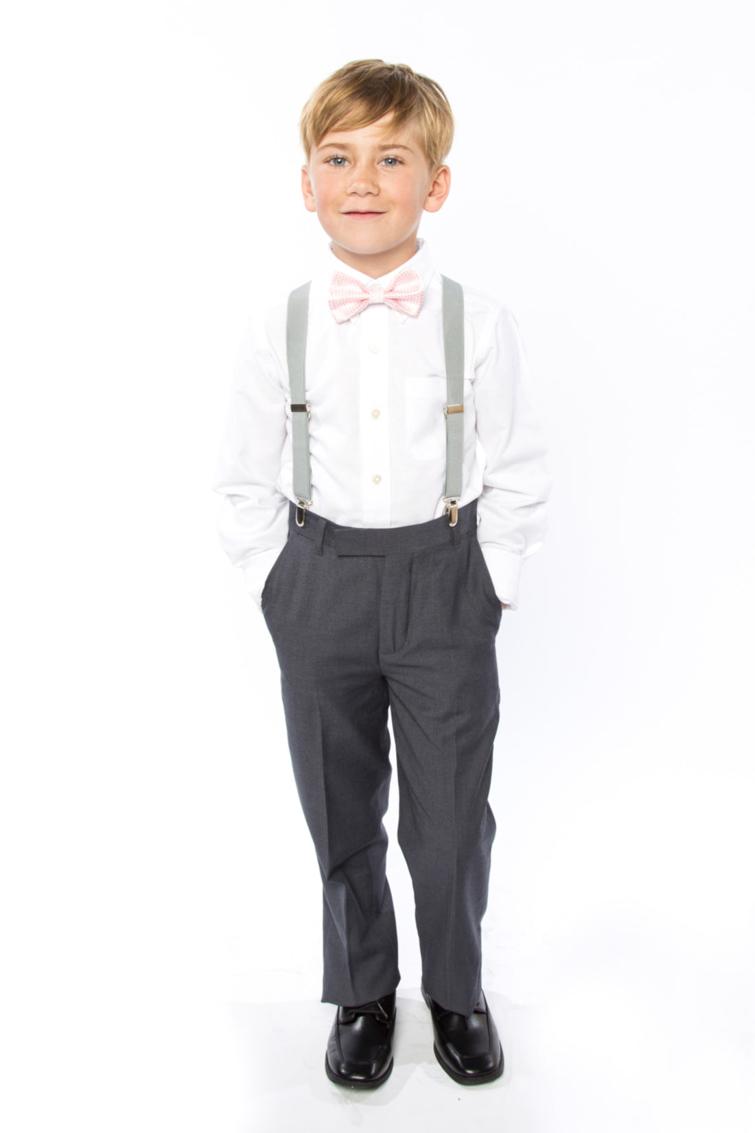 Light Grey Suspenders & Pink Bow Tie for Kids