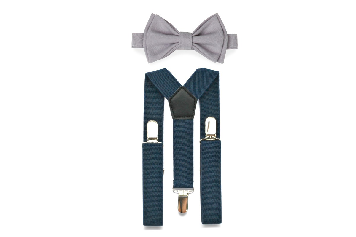 Navy Suspenders &amp; Light Grey Bow Tie