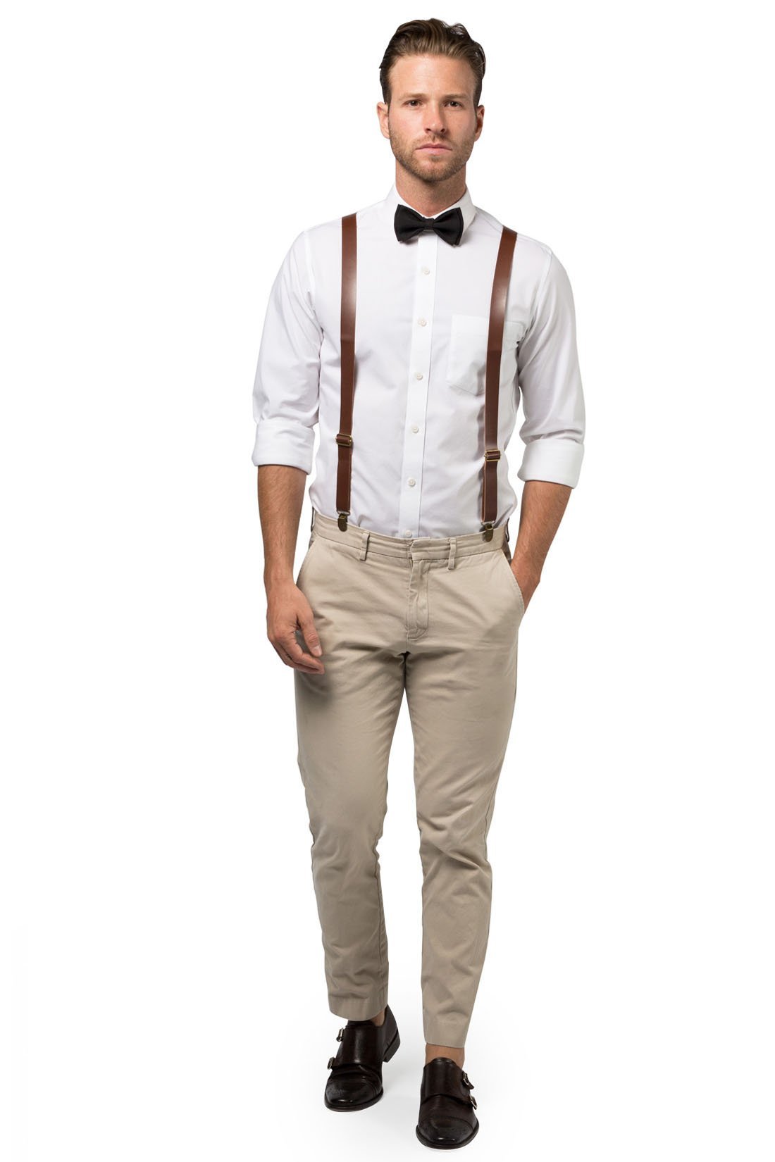 black dress shirt with suspenders Brown Leather Suspenders & Black Bow Tie
