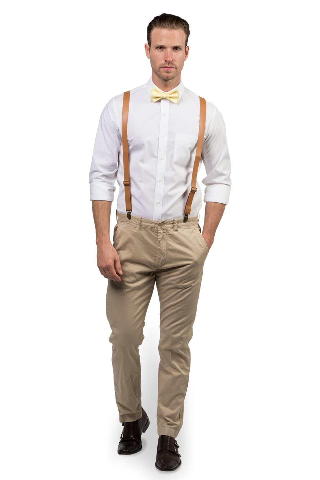 Tan Leather Suspenders &amp; Yellow Bow Tie