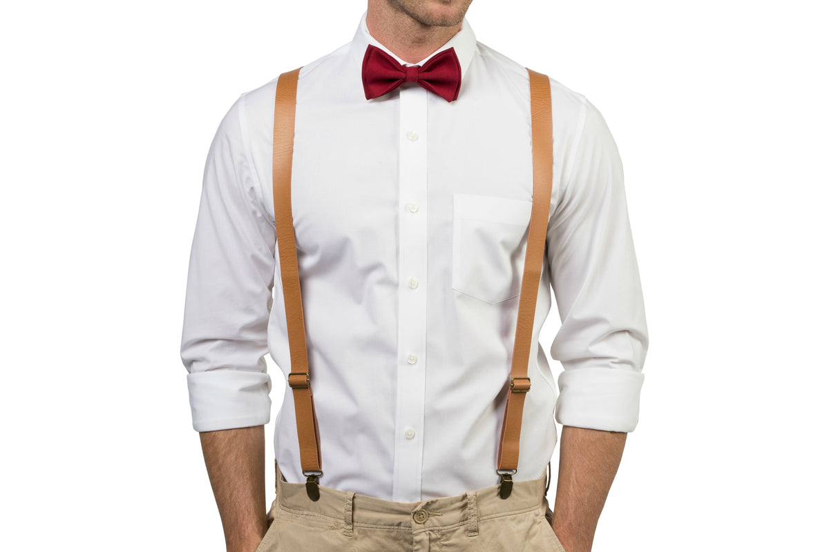 Tan Leather Suspenders &amp; Burgundy Bow Tie