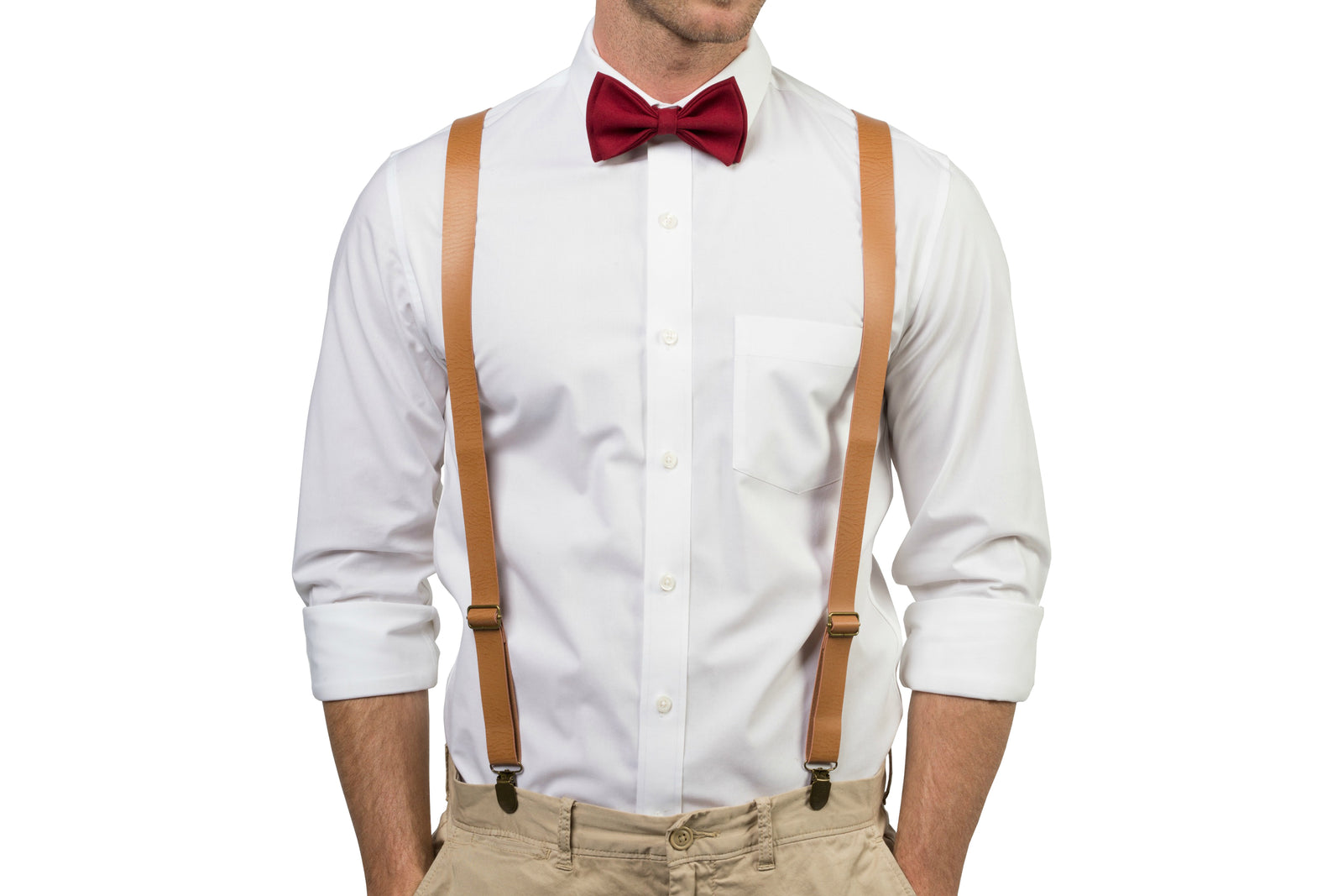 Tan Leather Suspenders & Burgundy Bow Tie