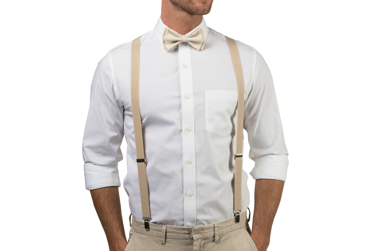 Beige Suspenders &amp; Cream Bow Tie