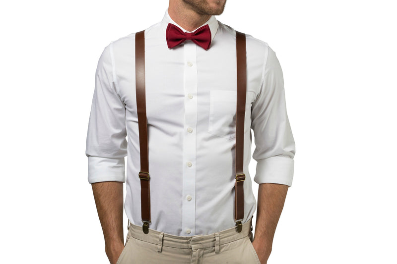 Brown Leather Suspenders & Burgundy Bow Tie - ARMONIIA