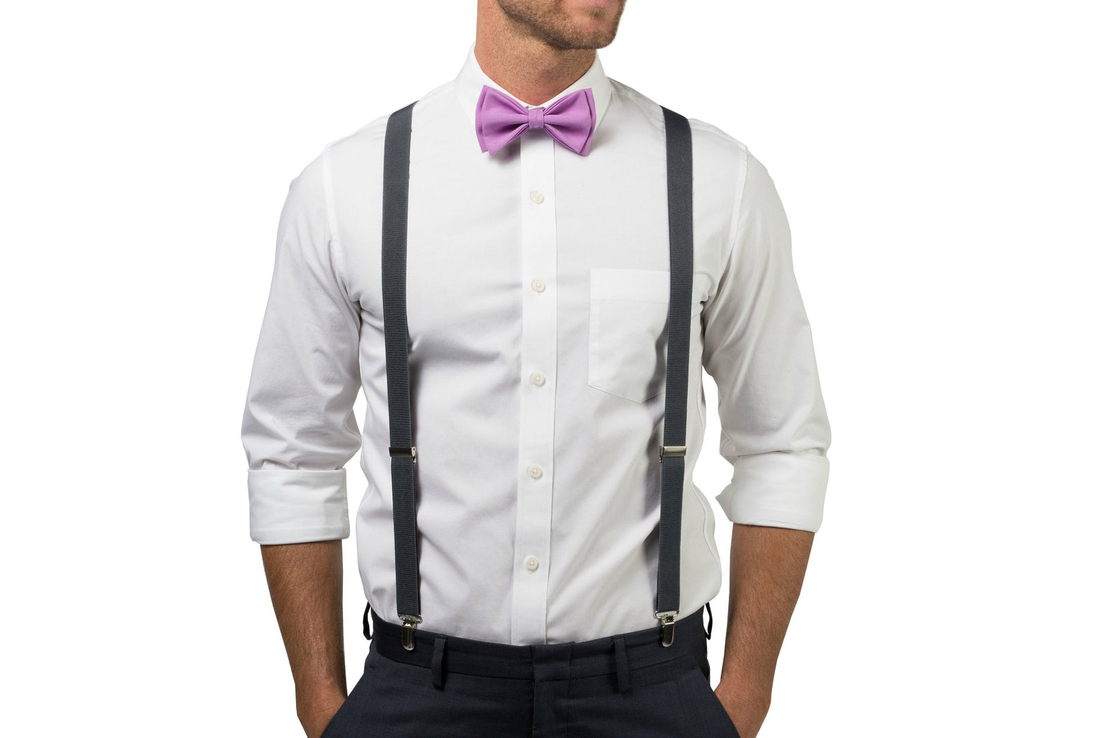 Charcoal Suspenders & Lilac Bow Tie