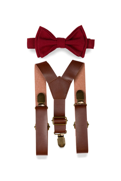 Brown Leather Suspenders & Burgundy Bow Tie for Kids