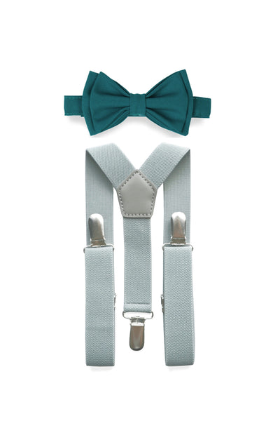 Light Grey Suspenders & Teal Bow Tie for Kids
