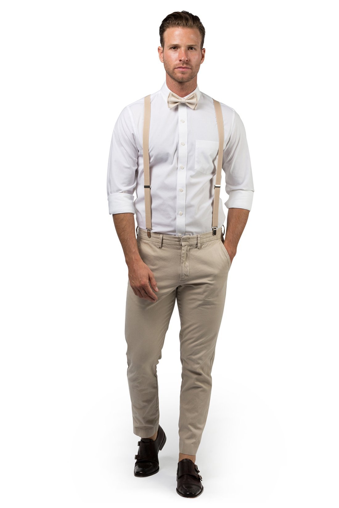 Beige Suspenders & Cream Bow Tie