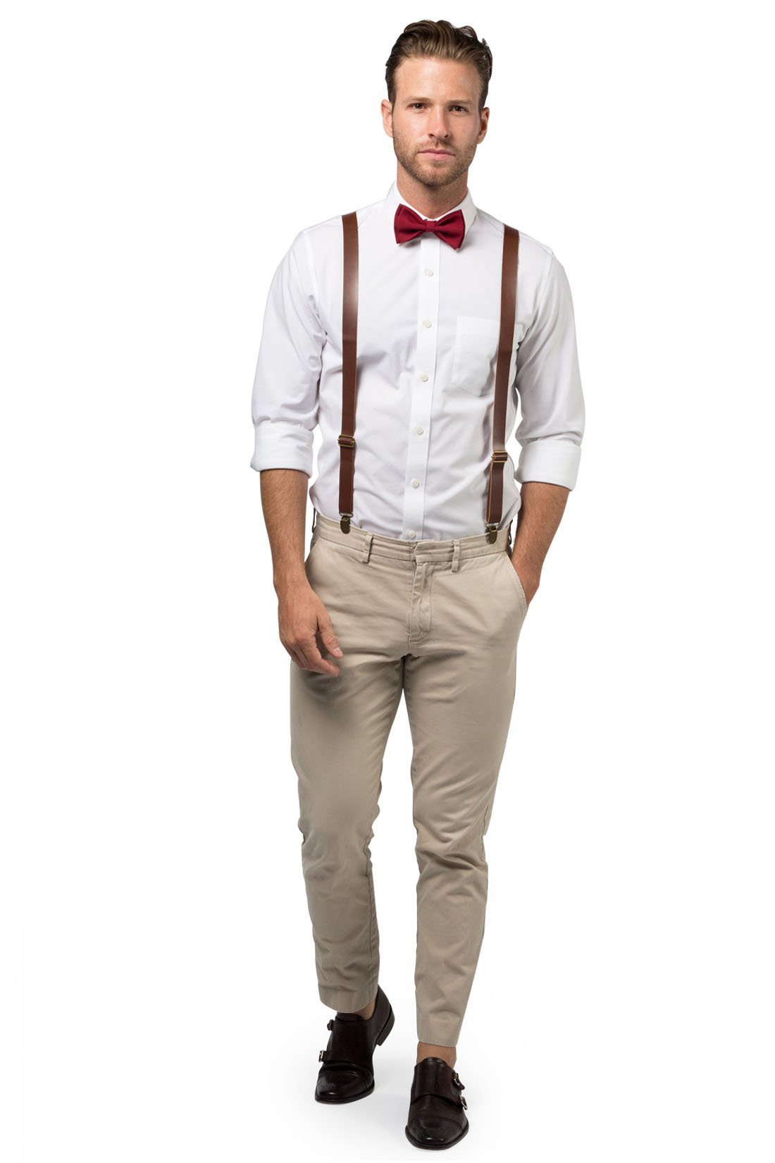 Brown Leather Suspenders &amp; Burgundy Bow Tie - ARMONIIA