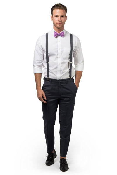 Charcoal Suspenders & Lilac Bow Tie