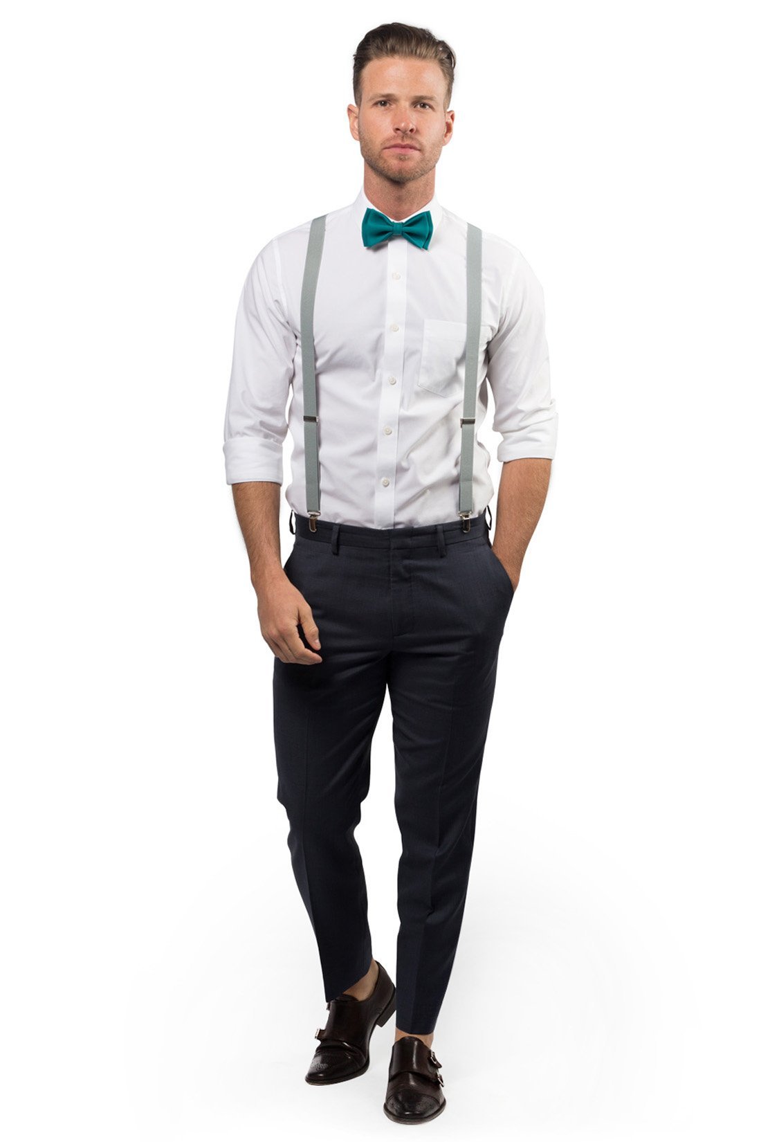 Light Gray Suspenders &amp; Teal Bow Tie