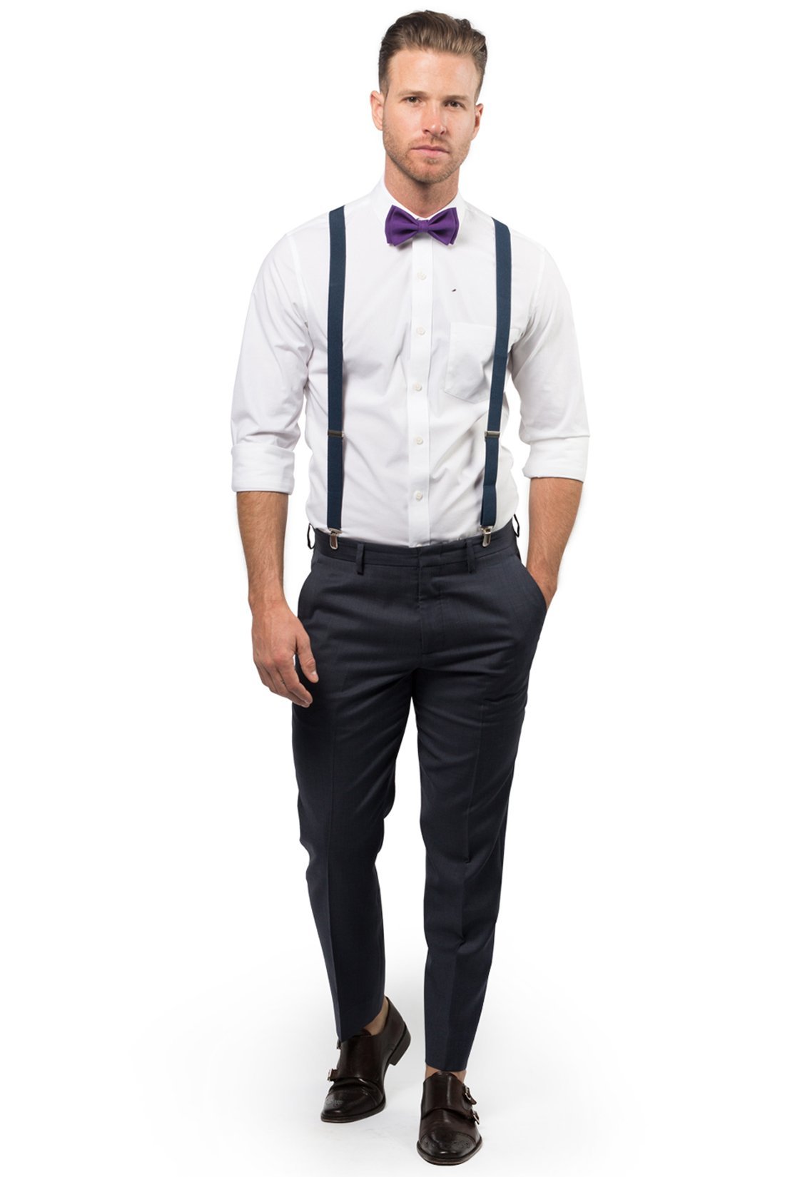 Navy Suspenders &amp; Dark Purple Bow Tie - ARMONIIA