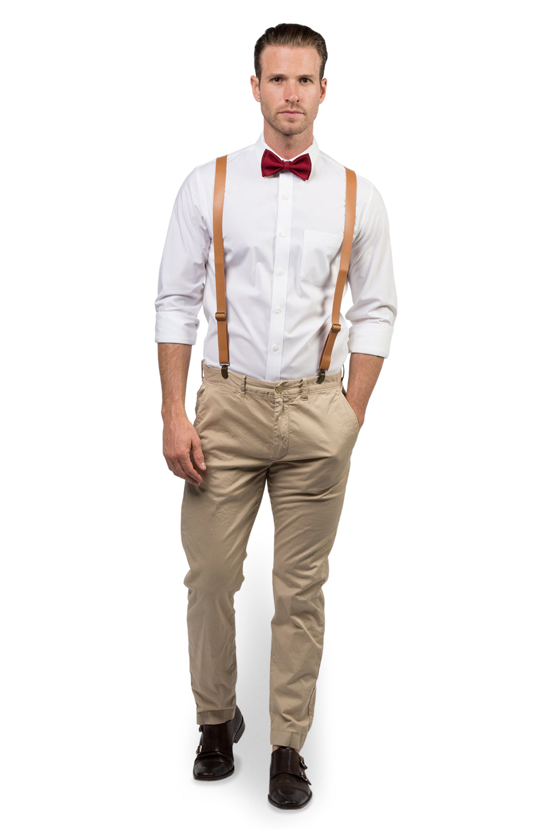 Tan Leather Suspenders &amp; Burgundy Bow Tie
