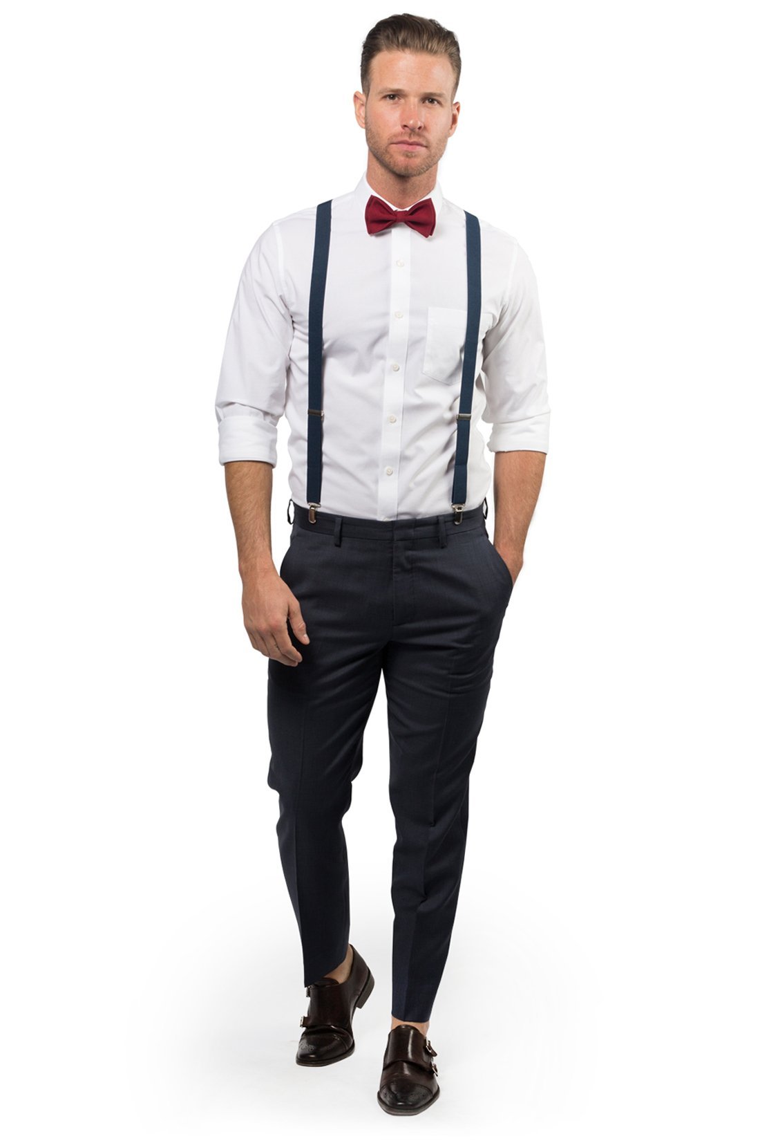 Navy Suspenders &amp; Burgundy Bow Tie